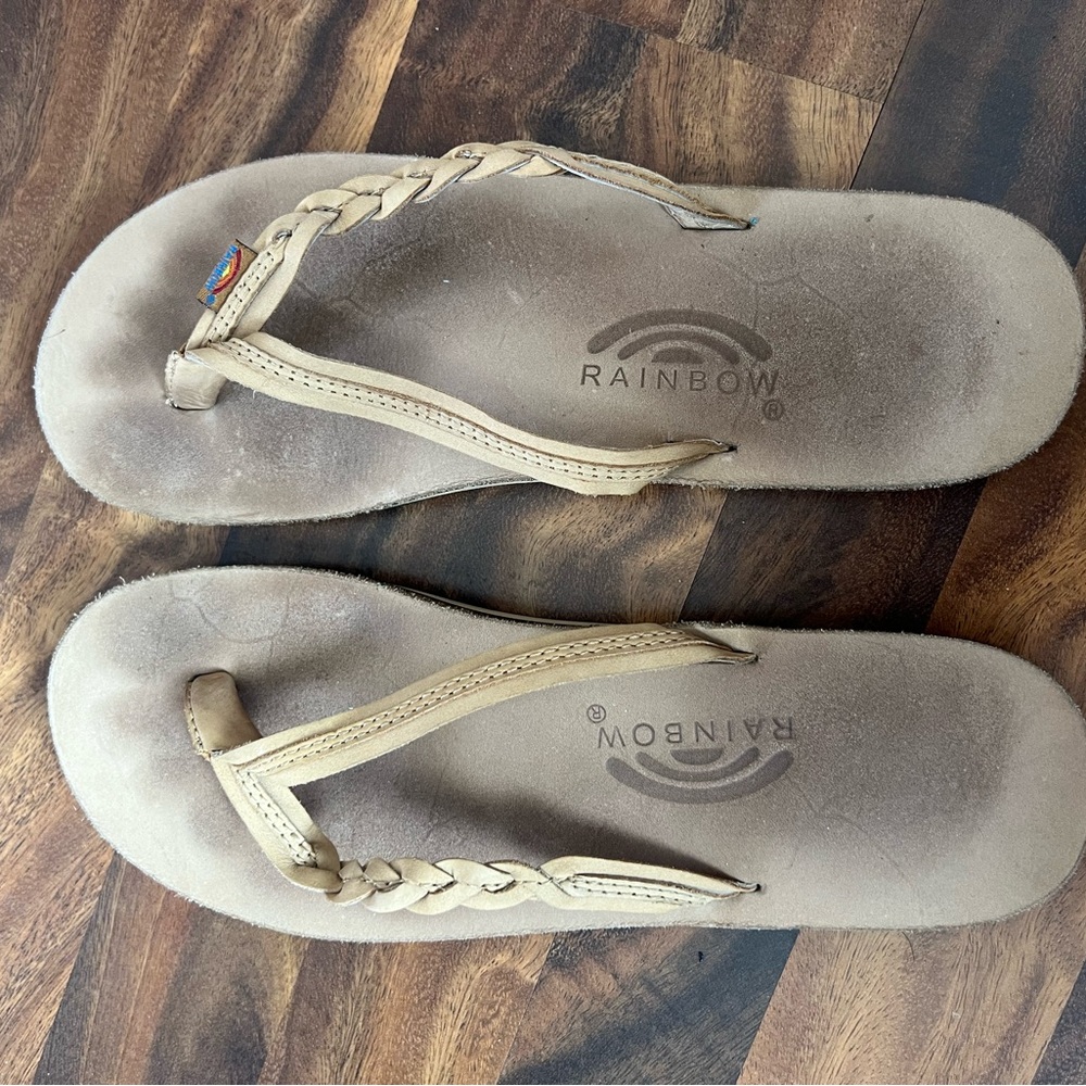 Rainbow Braided Leather Flip Flops in Tan